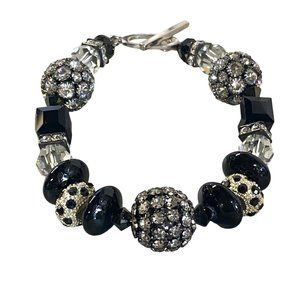 Black Silver Tone Clear Beaded Bracelet Toggle Clasp Fastener Women Jewelry